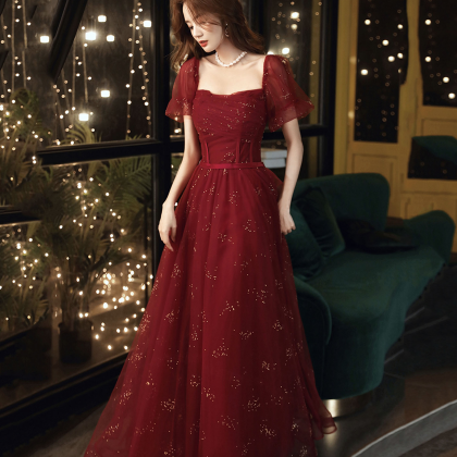 Burgundy Tulle Long Prom Dress A-line Evening..