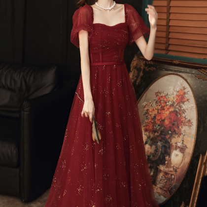 Burgundy Tulle Long Prom Dress A-line Evening..