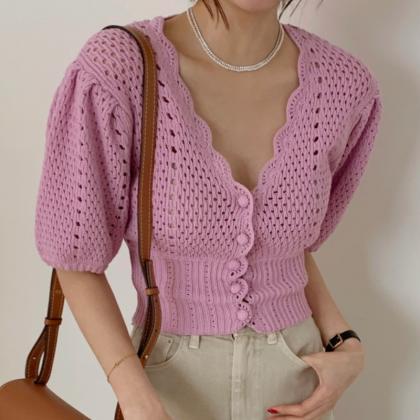 Crochet Korean V Neck Crop Top Puff Short Sleeve..
