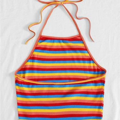 Rainbow Rib-knit Striped Halter Top Women Summer..