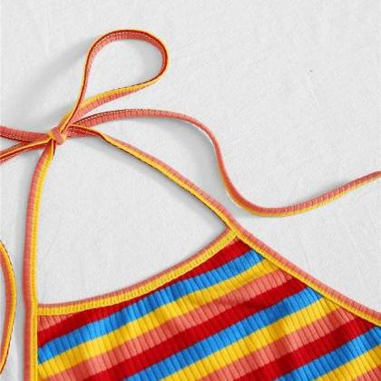 Rainbow Rib-knit Striped Halter Top Women Summer..