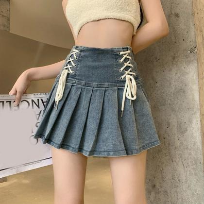 Denim Pleated Skirt Korean Fashion Women Bandage..