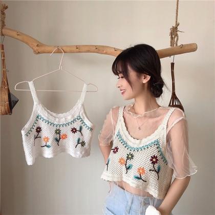 Women Summer Crochet Camis Crop Top Floral..