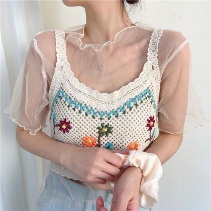 Women Summer Crochet Camis Crop Top Floral..