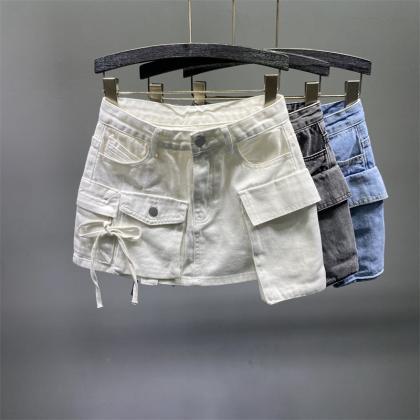 Fashion Irregular Pocket Cargo Denim Skirt Women..