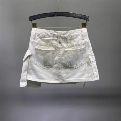 Fashion Irregular Pocket Cargo Denim Skirt Women..