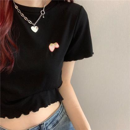 Y2k Strawberry Crop Top Women Embroidery Sexy..
