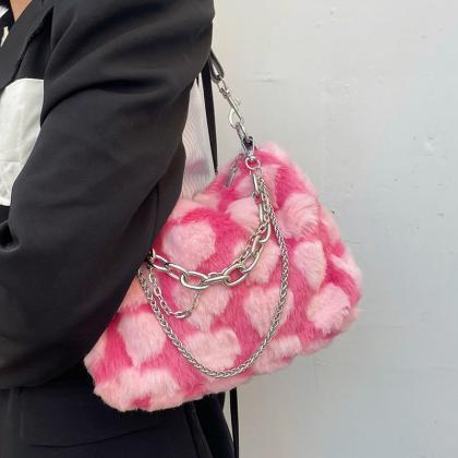 Y2k Girls Pink Love Underarm Bags Soft Plush Heart..