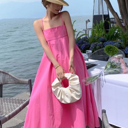 Pink Spaghetti Strap Dress Women Seaside Vacation..