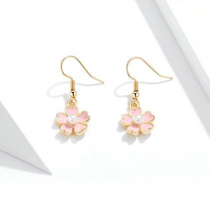 Pink Enamel Pearl Flower Sakura Dangle Earring For..