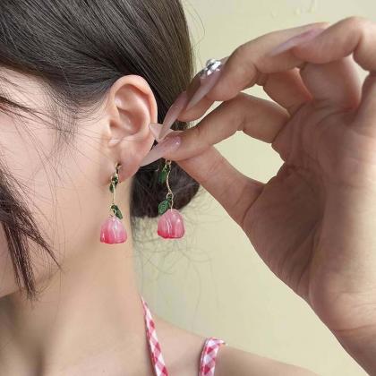 2023 Korean Pink Tulip Flower Pendant Earrings For..