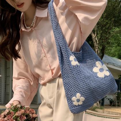 Ins Fashion Sweet Flower Knitted Hollow Tote Bag..
