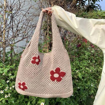Ins Fashion Sweet Flower Knitted Hollow Tote Bag..