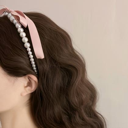 Pink Satin Pearl Hair Band Cream Color Girl Bow..