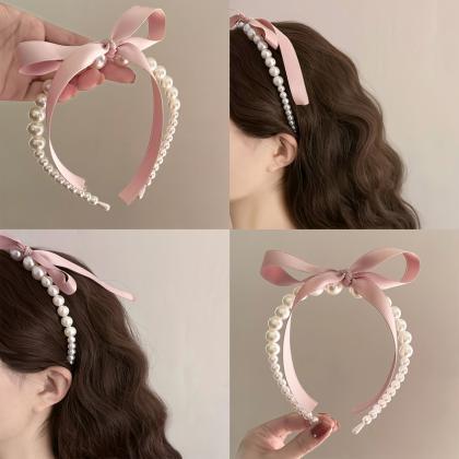Pink Satin Pearl Hair Band Cream Color Girl Bow..