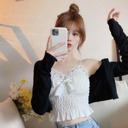 Summer Lace Bow Camisole For Women Pleated Crop..