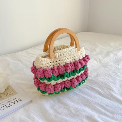 Tulip Flower Tote Bag Basket Hand Knitted Bag Diy..