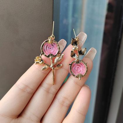 2023 Cherry Pink Crystal Rose Earrings For Women..