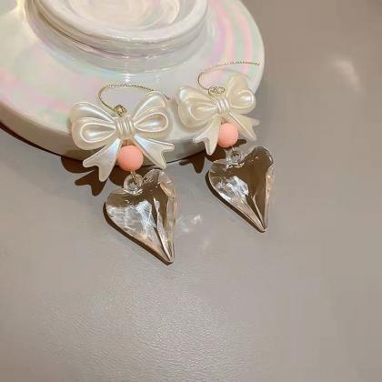 White Bowknot Crystal Heart Acrylic Earrings For..