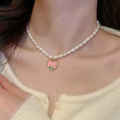 Pink Heart Tulips Flower Pearl Necklace Choker..