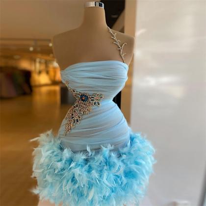 Feather Sky Blue Cocktail Dresses Crystals Beaded..
