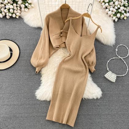 Chic Camel Ribbed Knit Dress And Cardigan Duo Set