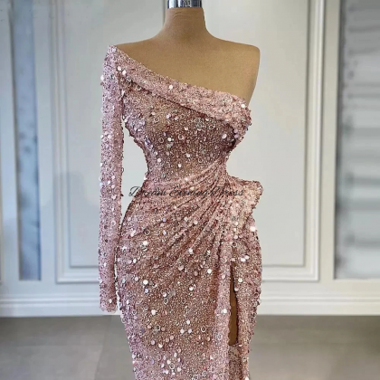 Elegant 2023 Pink Sequins One Shoulder Sleeve..