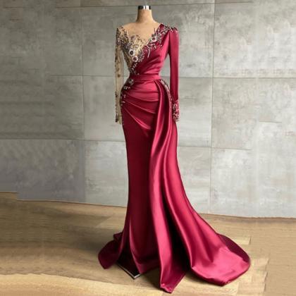 Burgundy Evening Dress For Party Satin Beaded..