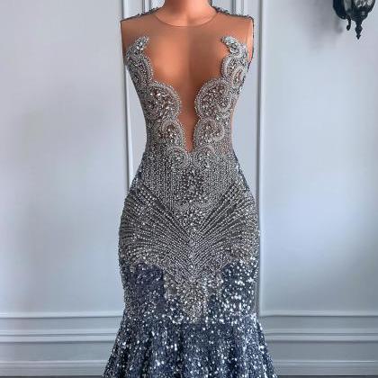 Sexy Long Sparkly Prom Dresses 2023 Sheer O-neck Luxury Silver Crystals ...