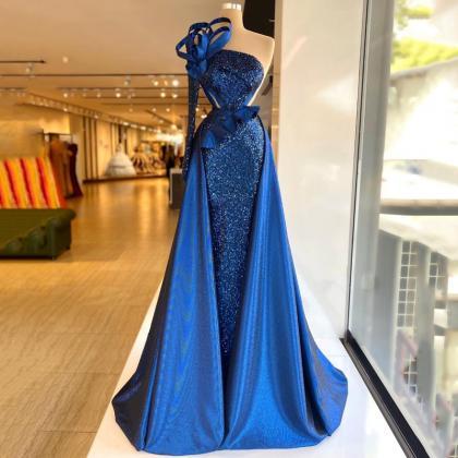 Sexy Sequines Prom Dress Blue One Shoulder Formal..