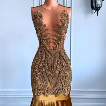 Gold Prom Dresses 2023 Real Picture Sheer Top..