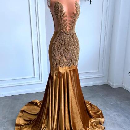Gold Prom Dresses 2023 Real Picture Sheer Top..