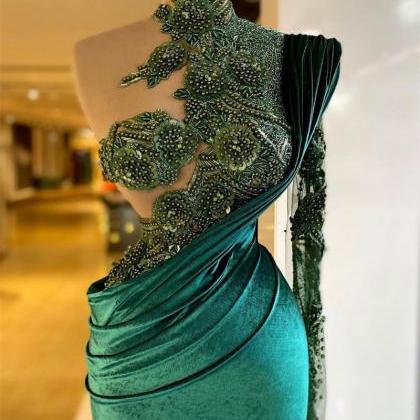 Emerald Green Mermaid Prom Dresses One Shoulder..