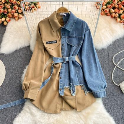 Denim Stitching Lapel Dress For Woman Autumn And..