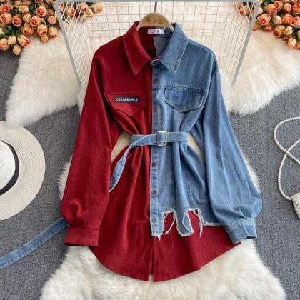 Denim Stitching Lapel Dress For Woman Autumn And..