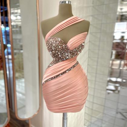 Mini Cocktail Dress Pink Satin One Shoulder Luxury..