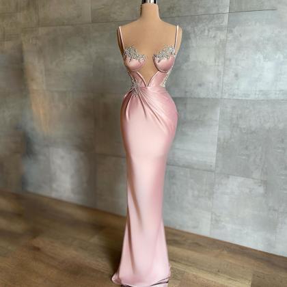 Prom Evening Dresses Sleeveless Pink Beading Party..