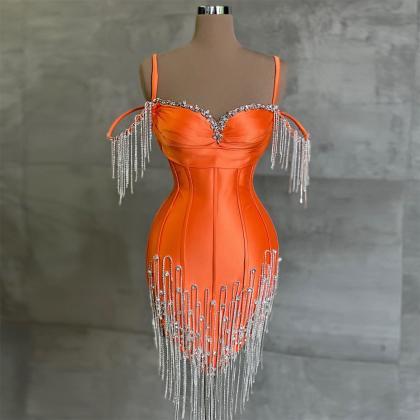 Orange Short Prom Dresses Crystals Tassel..