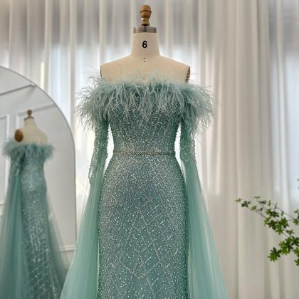 Luxury Feather Turquoise Dubai Evening Dress With..