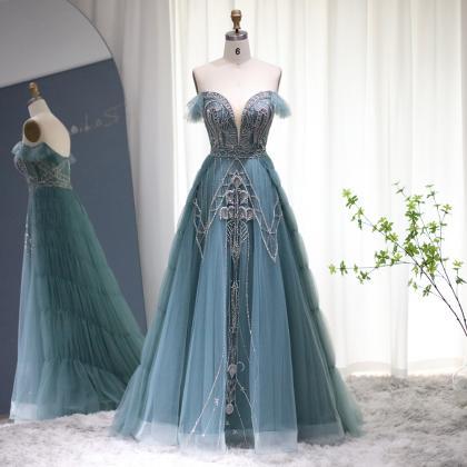 Elegant Blue Arabic Evening Dresses With Overskirt..