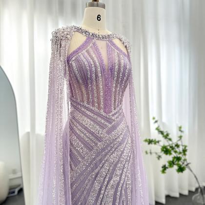 Luxury Crystal Dubai Lilac Evening Dress With Cape..