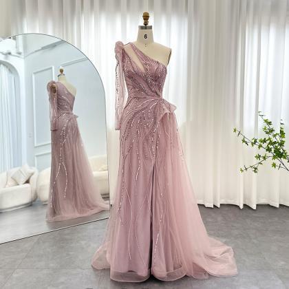 Luxury Dubai Pink One Shoulder Evening Dresses..
