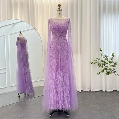 Luxury Dubai Lilac Feathers Evening Dresses With..