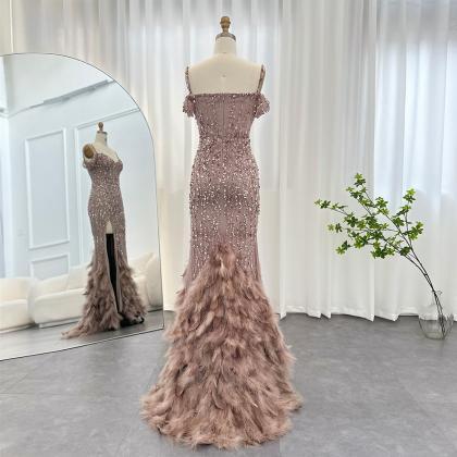 Luxury Pink Mermaid Feathers Prom Dresses..