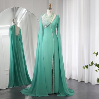 Turquoise Green Chiffon Dubai Evening Dress With..