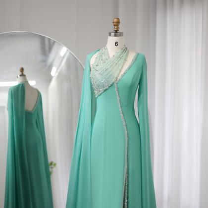 Turquoise Green Chiffon Dubai Evening Dress With..