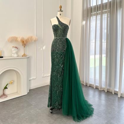 Emerald Green One Shoulder Evening Dresses With..