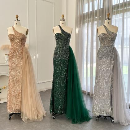 Emerald Green One Shoulder Evening Dresses With..