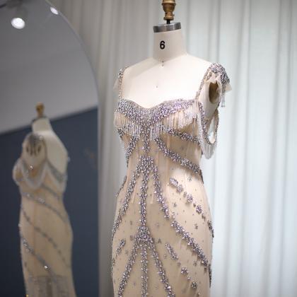 Long Nude Mermaid Prom Dresses Luxury Crystal..