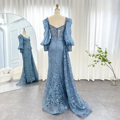 Elegant Blue Mermaid Arabic Evening Dresses With..